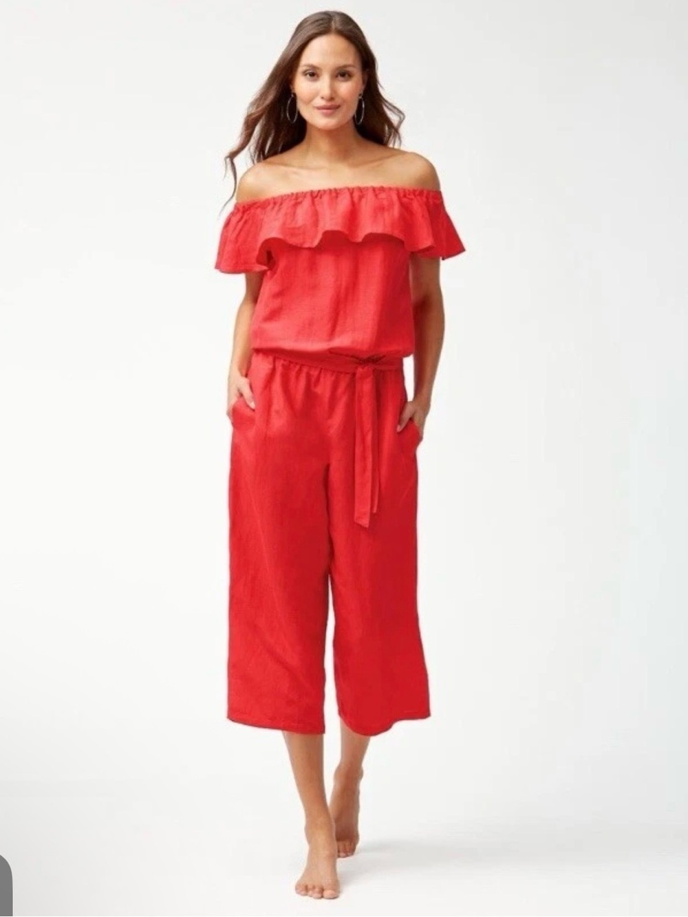 Tommy Bahama Off-Shoulder Red Wide-Leg Jumpsuit Medium